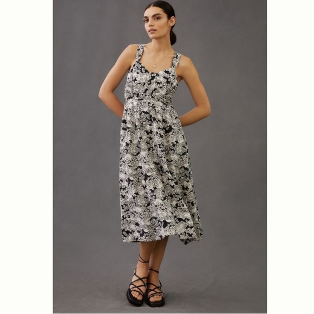 NWT Anthropologie Smocked Floral Cut Out Midi Dress White & Black Large